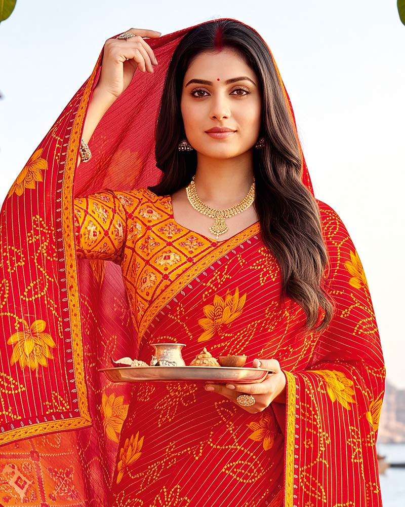 Vishal Prints Dark Pastel Red Printed Chiffon Traditional Print Saree With Foil Print And Fancy Border