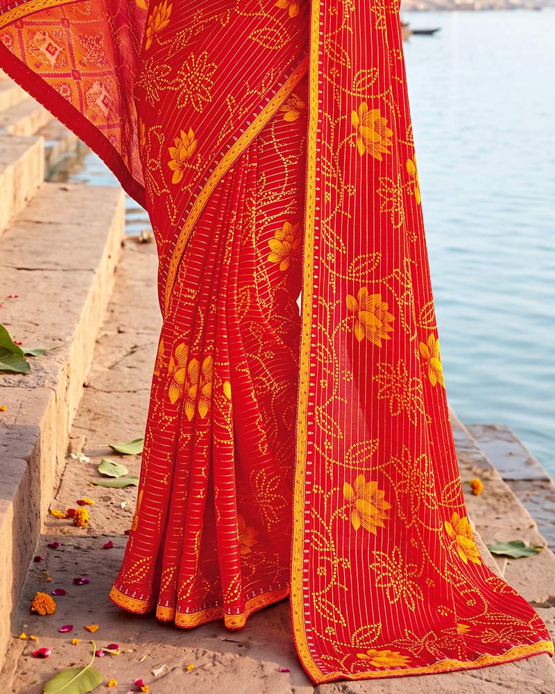 Vishal Prints Dark Pastel Red Printed Chiffon Traditional Print Saree With Foil Print And Fancy Border