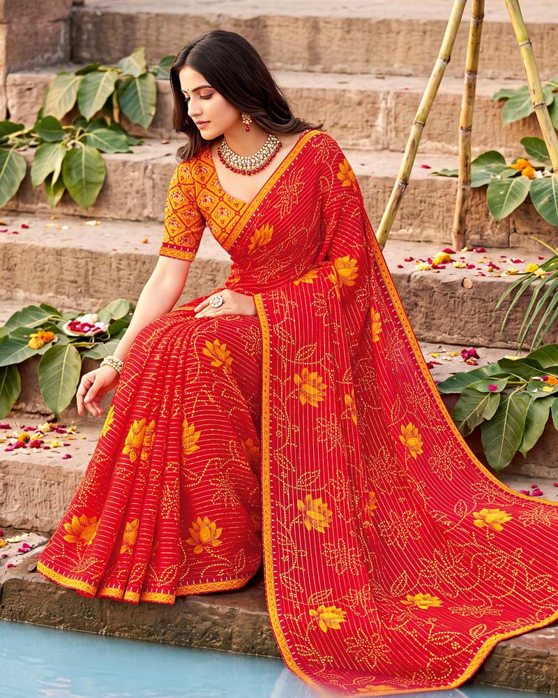 Vishal Prints Dark Pastel Red Printed Chiffon Traditional Print Saree With Foil Print And Fancy Border