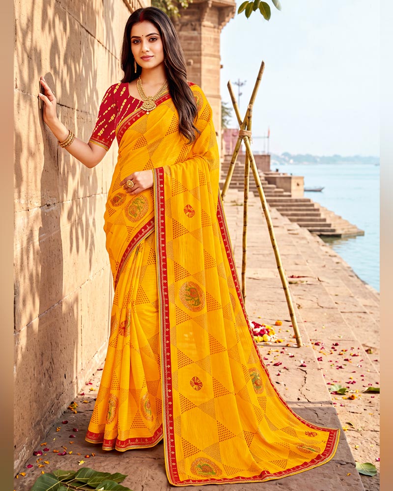Vishal Prints Dark Yellow Printed Chiffon Traditional Print Saree With Foil Print And Fancy Border