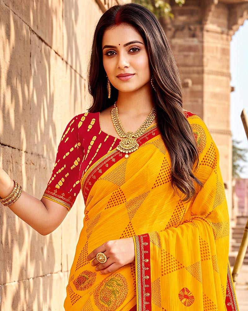 Vishal Prints Dark Yellow Printed Chiffon Traditional Print Saree With Foil Print And Fancy Border