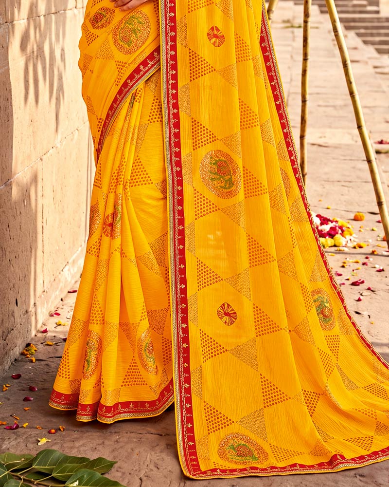 Vishal Prints Dark Yellow Printed Chiffon Traditional Print Saree With Foil Print And Fancy Border