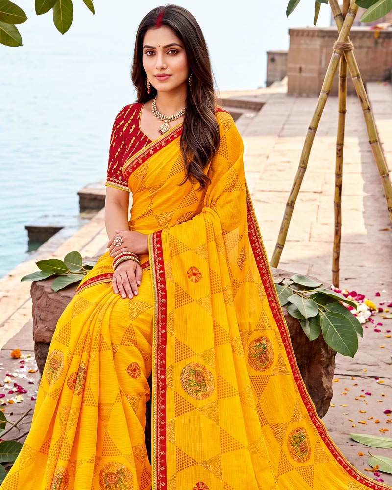 Vishal Prints Dark Yellow Printed Chiffon Traditional Print Saree With Foil Print And Fancy Border