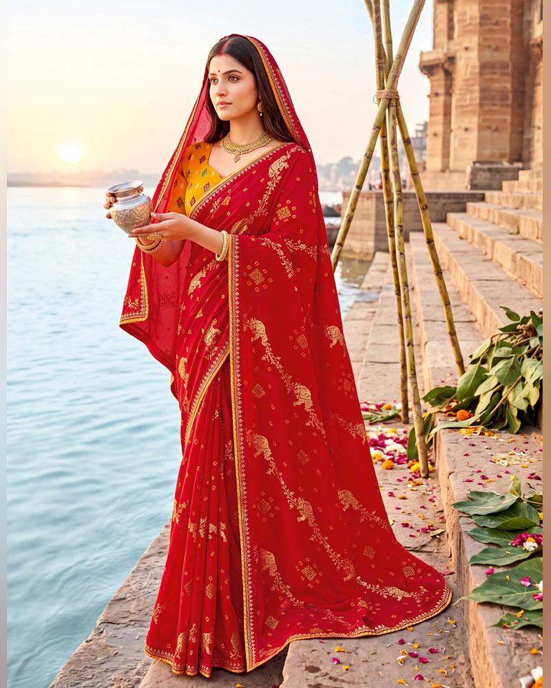 Vishal Prints Milano Red Printed Chiffon Traditional Print Saree With Foil Print And Fancy Border