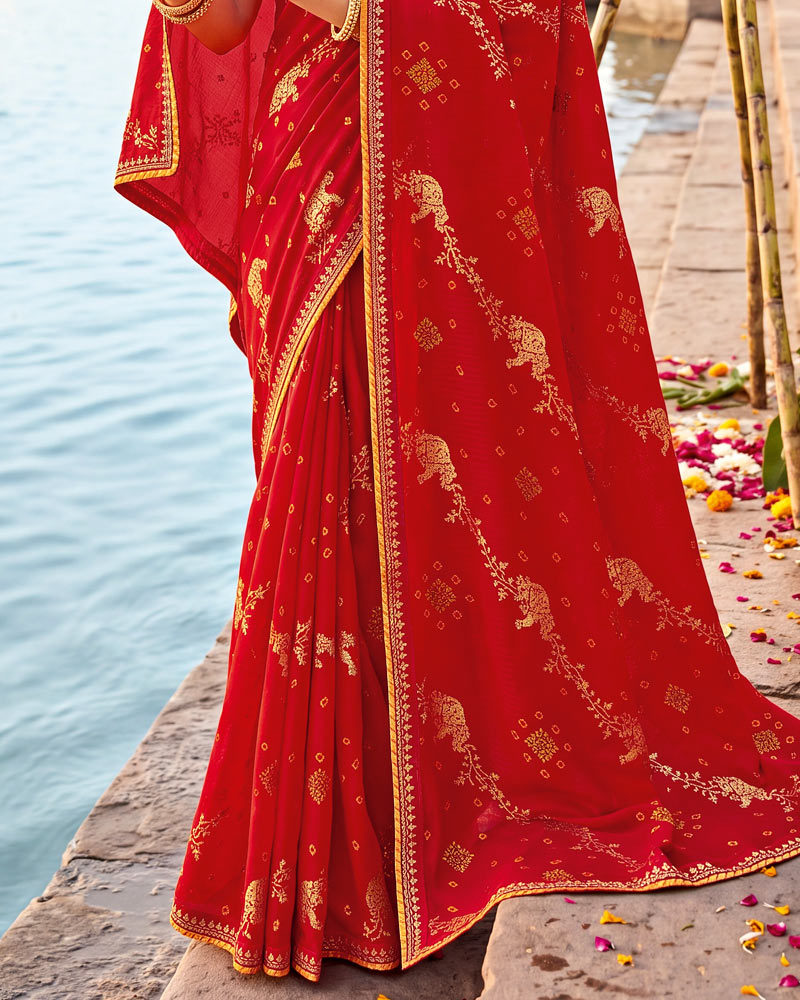 Vishal Prints Milano Red Printed Chiffon Traditional Print Saree With Foil Print And Fancy Border