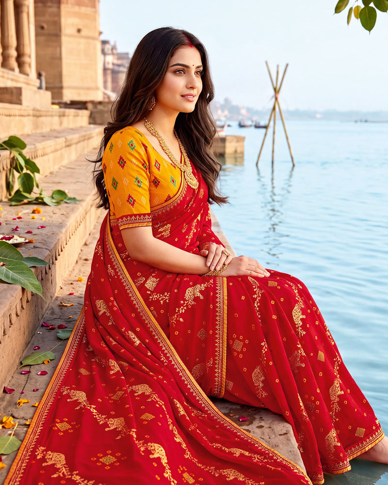 Vishal Prints Milano Red Printed Chiffon Traditional Print Saree With Foil Print And Fancy Border