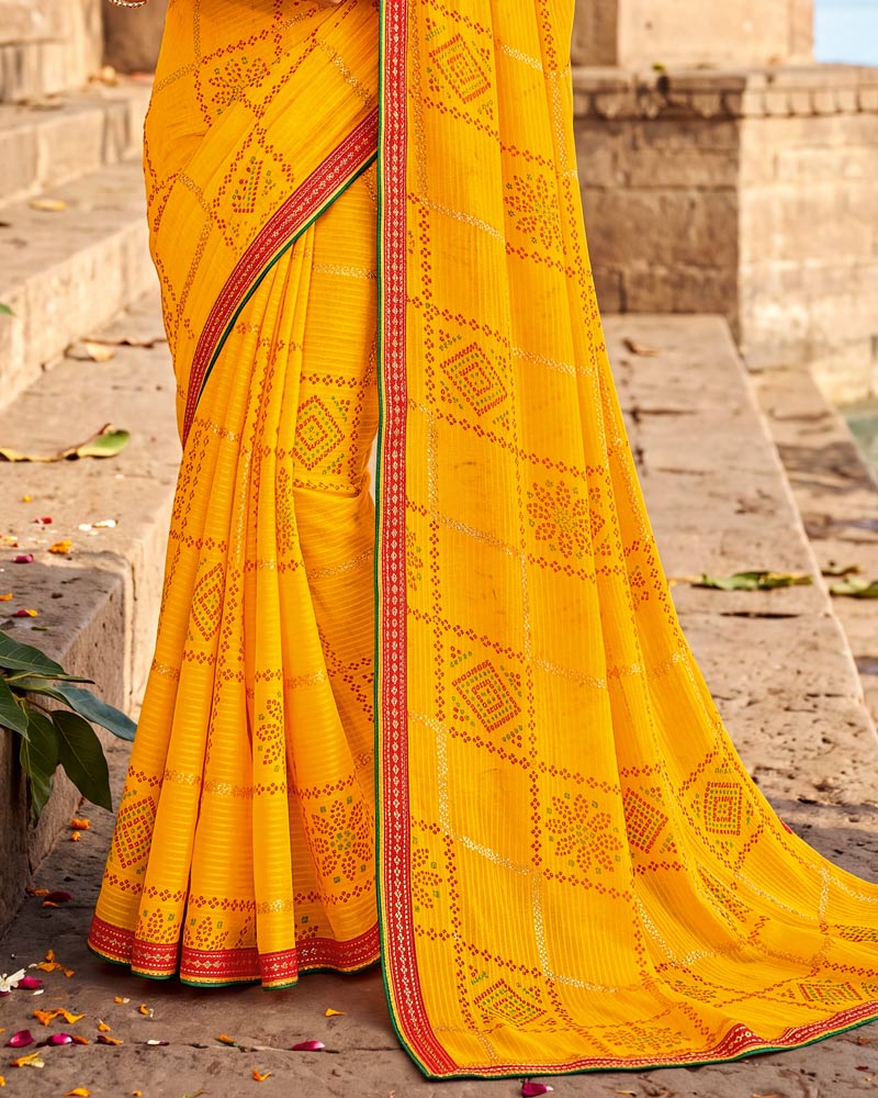 Vishal Prints Dark Golden Yellow Printed Chiffon Traditional Print Saree With Foil Print And Fancy Border