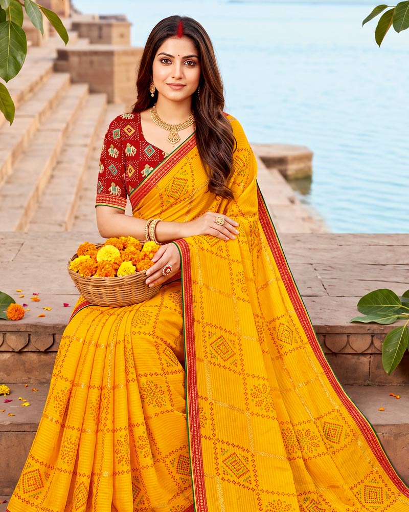 Vishal Prints Dark Golden Yellow Printed Chiffon Traditional Print Saree With Foil Print And Fancy Border