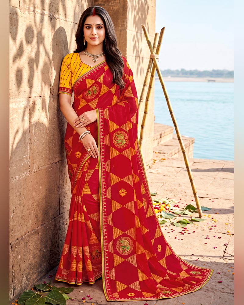 Vishal Prints Sindoori Red Printed Chiffon Traditional Print Saree With Foil Print And Fancy Border