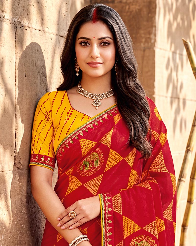 Vishal Prints Sindoori Red Printed Chiffon Traditional Print Saree With Foil Print And Fancy Border