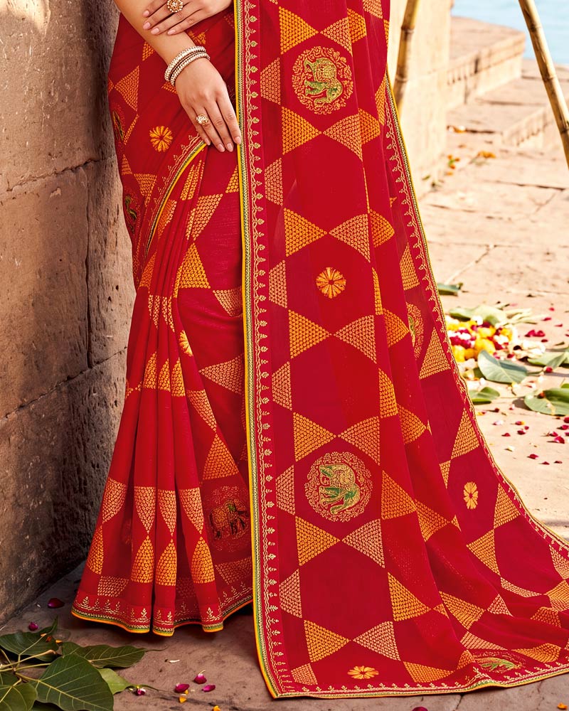 Vishal Prints Sindoori Red Printed Chiffon Traditional Print Saree With Foil Print And Fancy Border