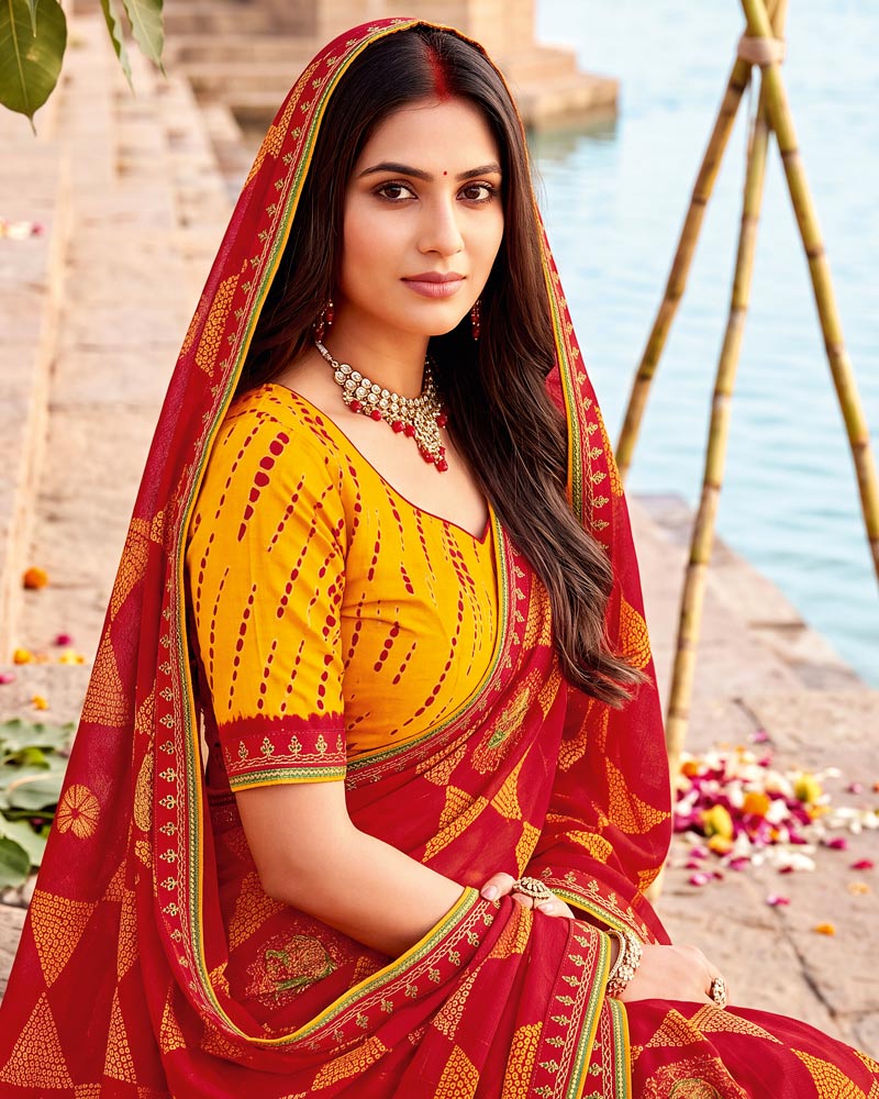 Vishal Prints Sindoori Red Printed Chiffon Traditional Print Saree With Foil Print And Fancy Border