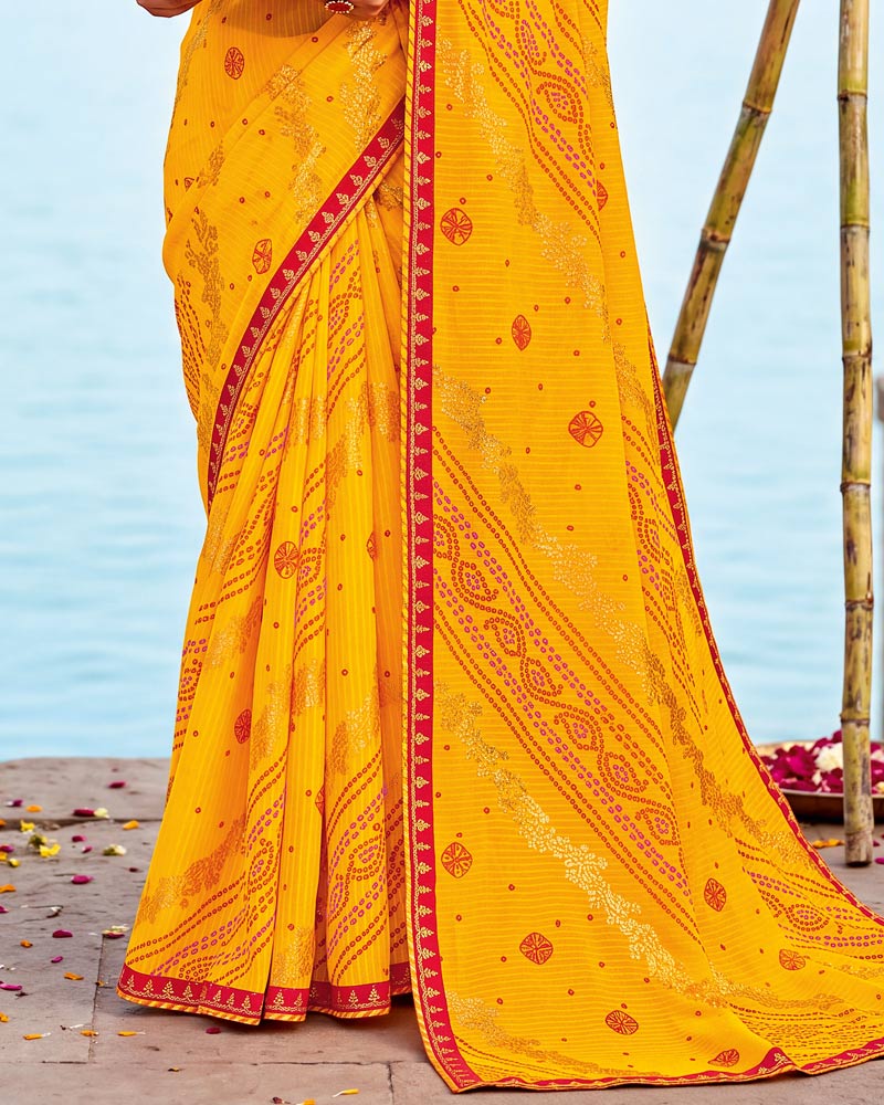 Vishal Prints Dark Orange Yellow Printed Chiffon Traditional Print Saree With Foil Print And Fancy Border