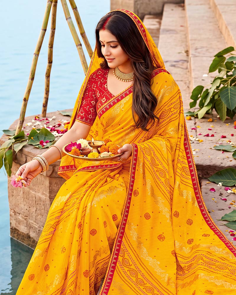 Vishal Prints Dark Orange Yellow Printed Chiffon Traditional Print Saree With Foil Print And Fancy Border