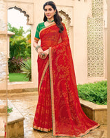 Vishal Prints Chili Red Chiffon-Brasso Saree With Zari Border