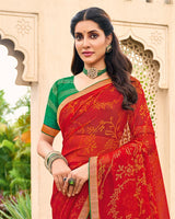 Vishal Prints Chili Red Chiffon-Brasso Saree With Zari Border