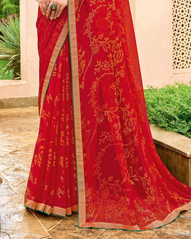 Vishal Prints Chili Red Chiffon-Brasso Saree With Zari Border