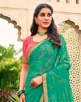 Vishal Prints Jade Green Chiffon-Brasso Saree With Zari Border