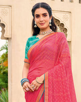 Vishal Prints Coral Pink Chiffon-Brasso Saree With Zari Border