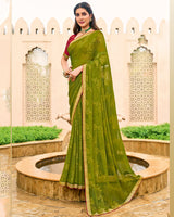Vishal Prints Olive Green Chiffon-Brasso Saree With Zari Border