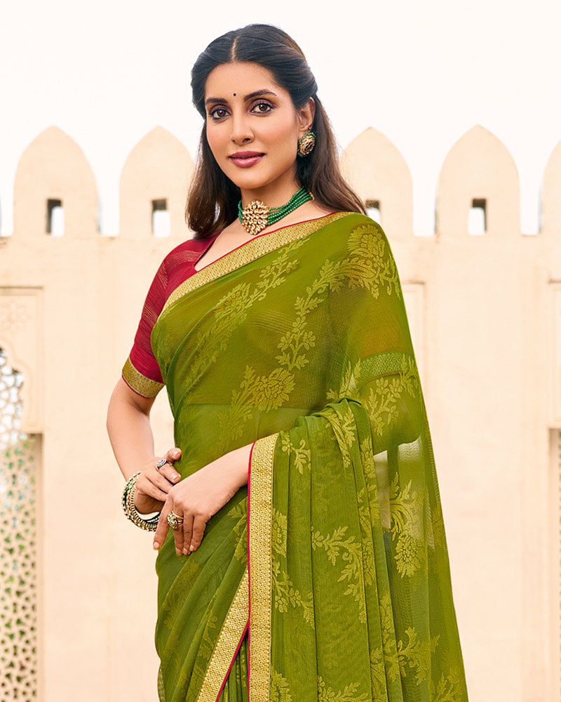 Vishal Prints Olive Green Chiffon-Brasso Saree With Zari Border