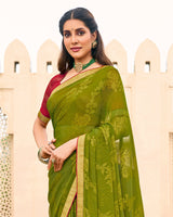 Vishal Prints Olive Green Chiffon-Brasso Saree With Zari Border