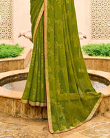 Vishal Prints Olive Green Chiffon-Brasso Saree With Zari Border