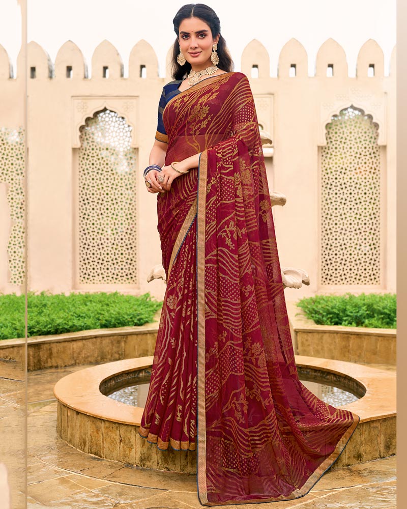 Vishal Prints Maroon Chiffon-Brasso Saree With Zari Border