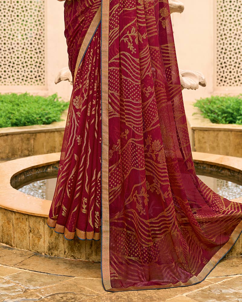 Vishal Prints Maroon Chiffon-Brasso Saree With Zari Border
