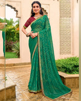 Vishal Prints Pine Green Chiffon-Brasso Saree With Zari Border