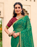 Vishal Prints Pine Green Chiffon-Brasso Saree With Zari Border