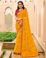 Vishal Prints Golden Yellow Chiffon-Brasso Saree With Zari Border