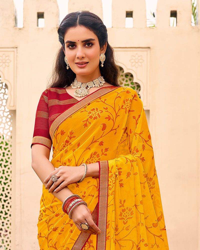 Vishal Prints Golden Yellow Chiffon-Brasso Saree With Zari Border