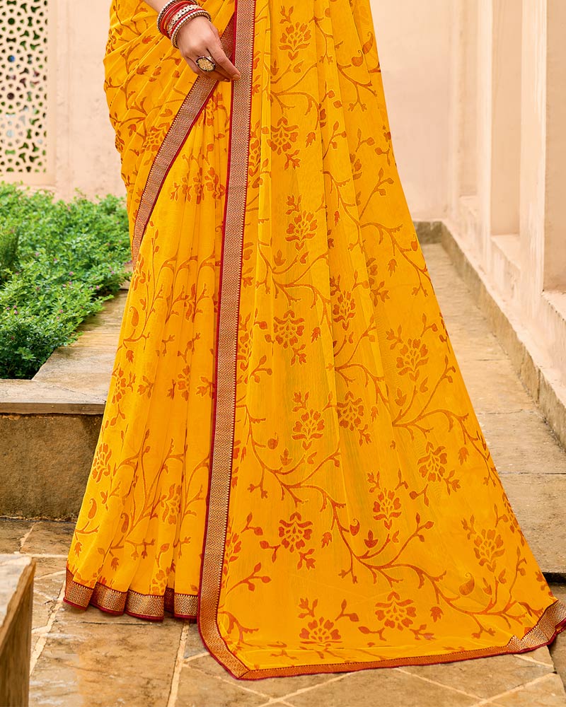 Vishal Prints Golden Yellow Chiffon-Brasso Saree With Zari Border