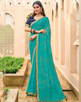 Vishal Prints Sea Green Chiffon-Brasso Saree With Zari Border