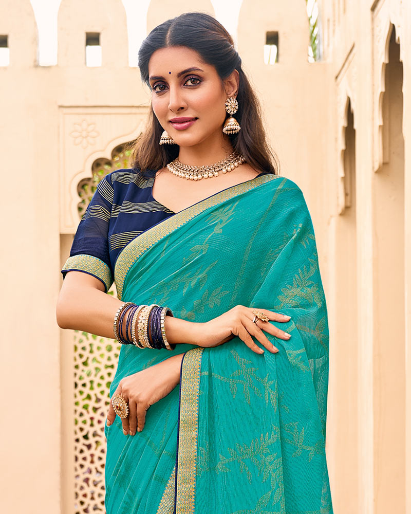 Vishal Prints Sea Green Chiffon-Brasso Saree With Zari Border