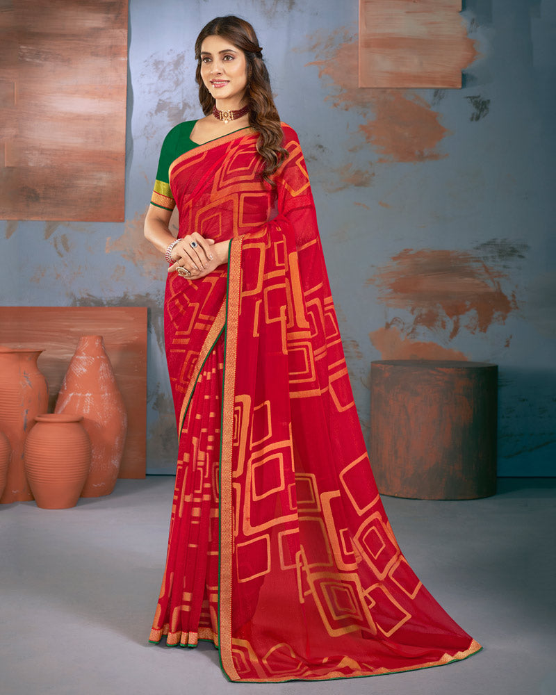 Vishal Prints Cherry Red Designer Brasso Saree With Zari Border