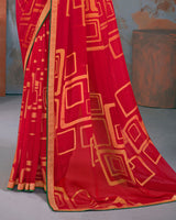 Vishal Prints Cherry Red Designer Brasso Saree With Zari Border