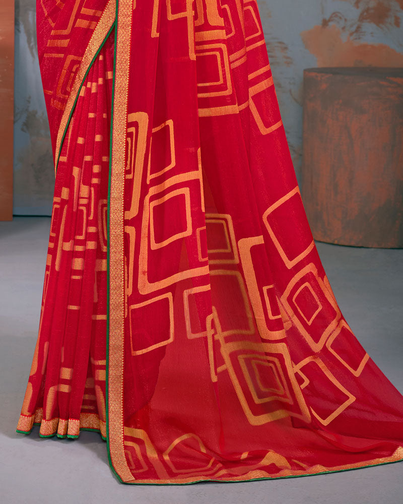 Vishal Prints Cherry Red Designer Brasso Saree With Zari Border