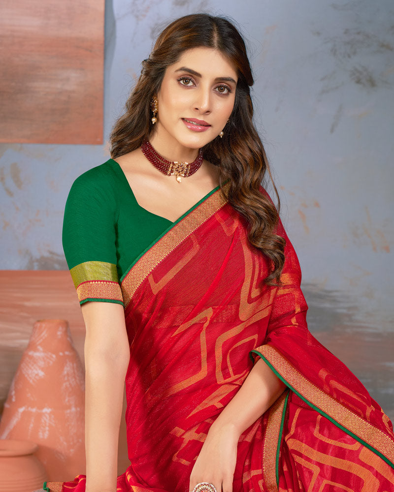 Vishal Prints Cherry Red Designer Brasso Saree With Zari Border