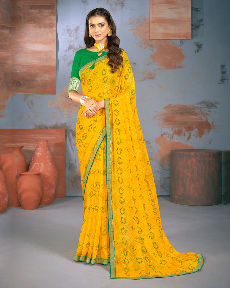 Vishal Prints Dark Yellow Designer Brasso Saree With Zari Border