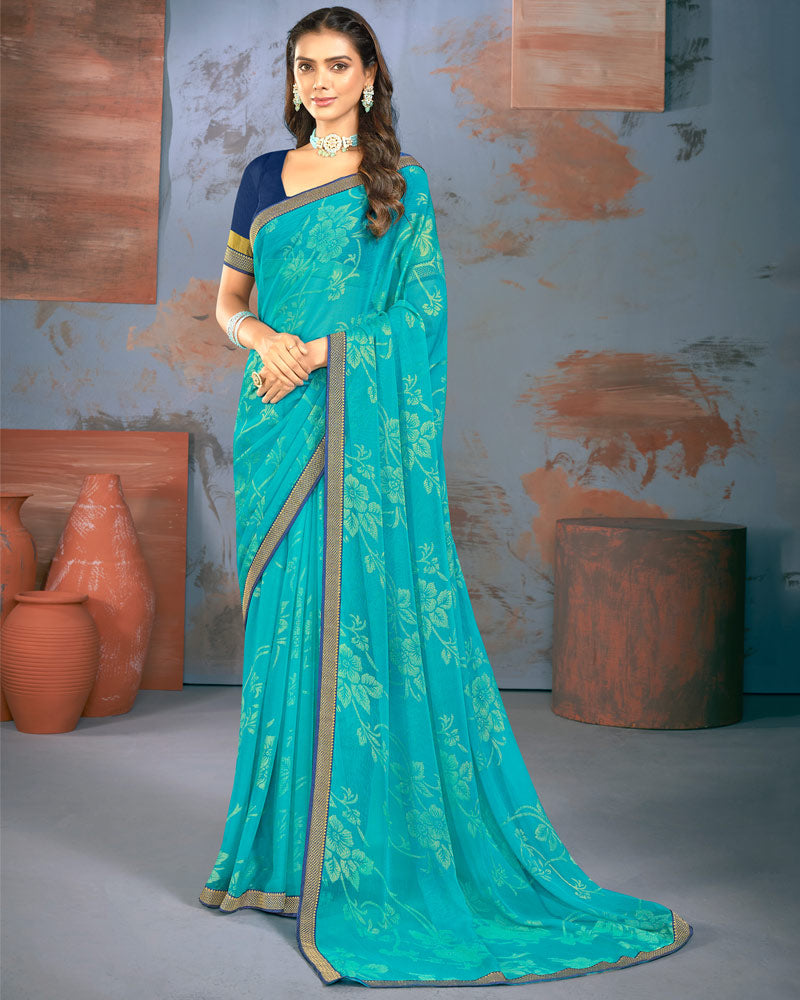 Vishal Prints Dark Turquoise Blue Designer Brasso Saree With Zari Border