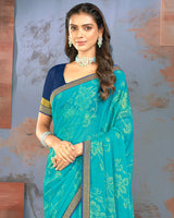 Vishal Prints Dark Turquoise Blue Designer Brasso Saree With Zari Border
