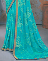 Vishal Prints Dark Turquoise Blue Designer Brasso Saree With Zari Border