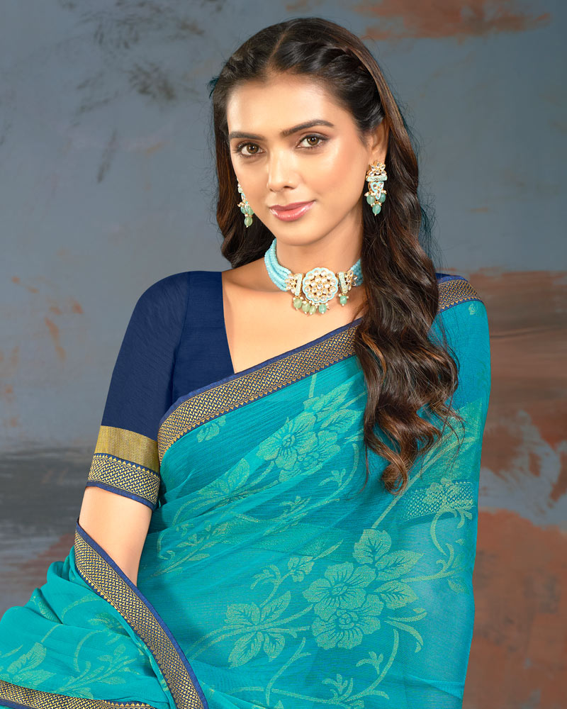 Vishal Prints Dark Turquoise Blue Designer Brasso Saree With Zari Border