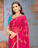 Vishal Prints Red Pink Designer Brasso Saree With Zari Border