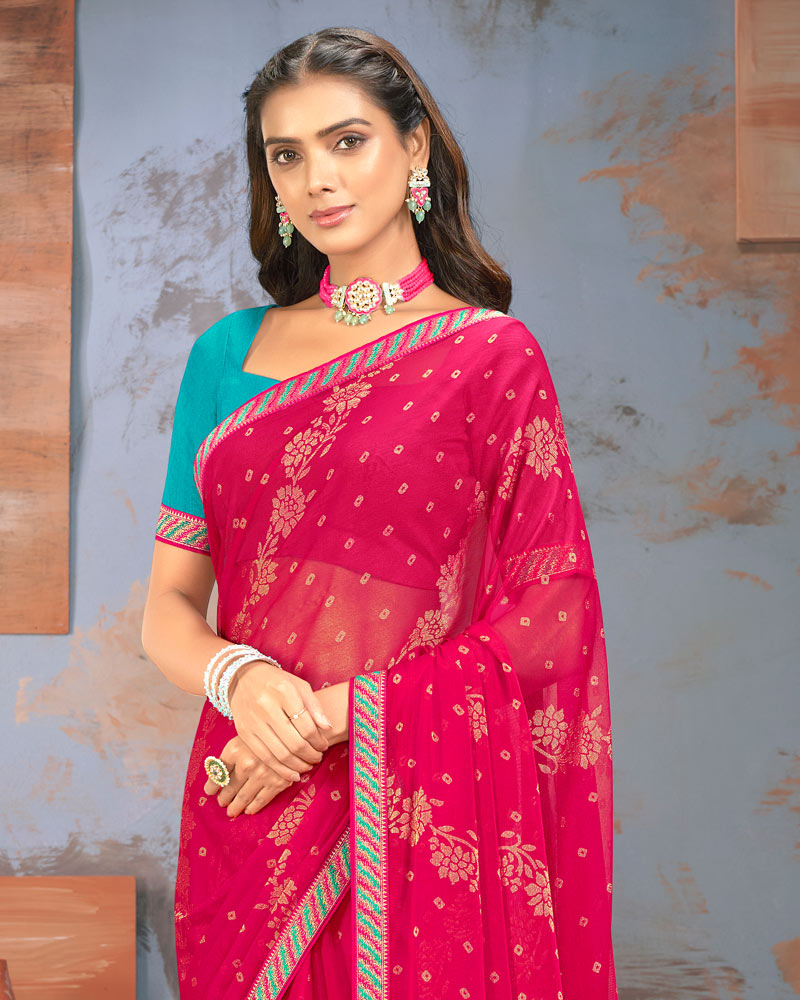 Vishal Prints Red Pink Designer Brasso Saree With Zari Border