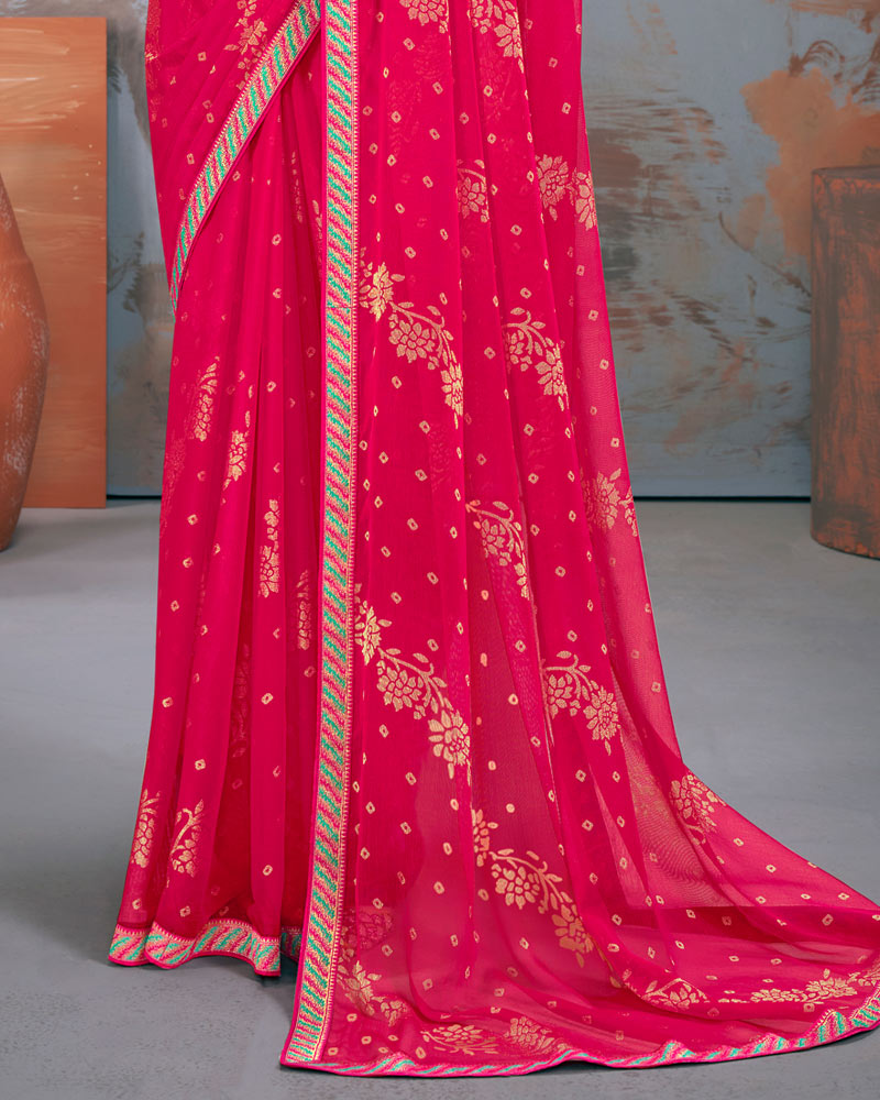 Vishal Prints Red Pink Designer Brasso Saree With Zari Border