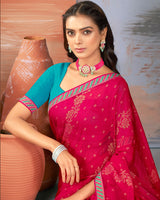 Vishal Prints Red Pink Designer Brasso Saree With Zari Border