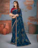 Vishal Prints Dark Navy Blue Designer Brasso Saree With Zari Border